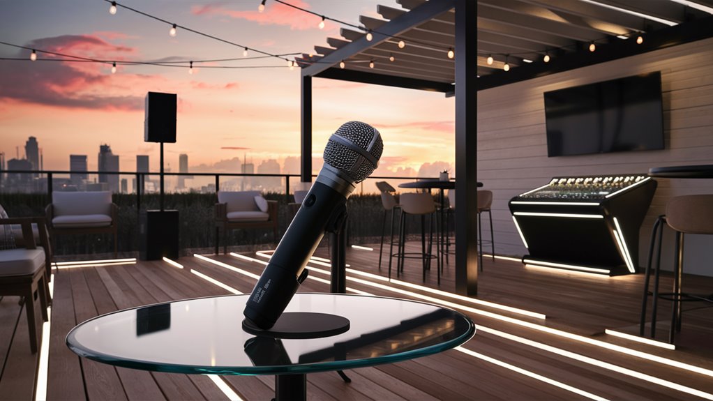 microphones on building top singing