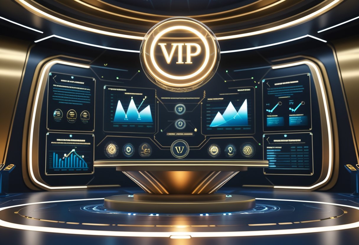 하이롤러 VIP 프로그램의 핵심 개념과 혜택을 보여주는 고급스러운 3D 장면