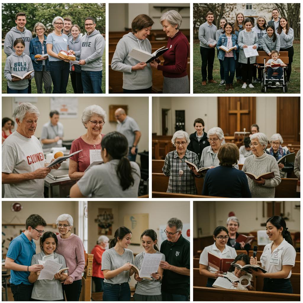 세대가 어우러져 함께 노래하고 교류하는 커뮤니티 활동의 장면으로, 온카스터디의 세대 간 소통과 협력 기반 학습 문화를 상징한다.