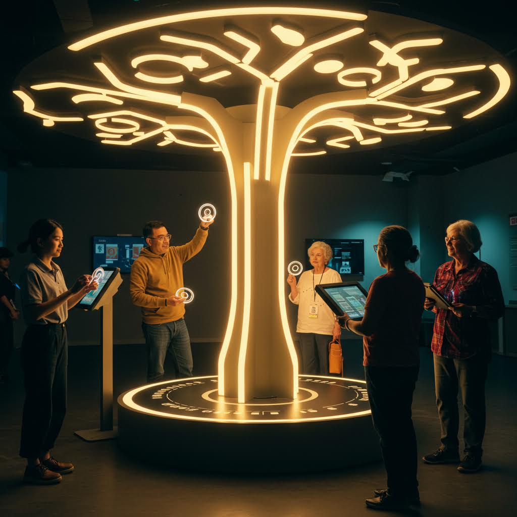 나무 모양의 조명 구조물 아래에서 다양한 연령대의 사람들이 태블릿과 홀로그램 인터페이스를 사용해 상호작용하는 장면. 중앙의 빛나는 나무와 디지털 디스플레이가 미래적인 기술 체험 공간을 나타낸다.