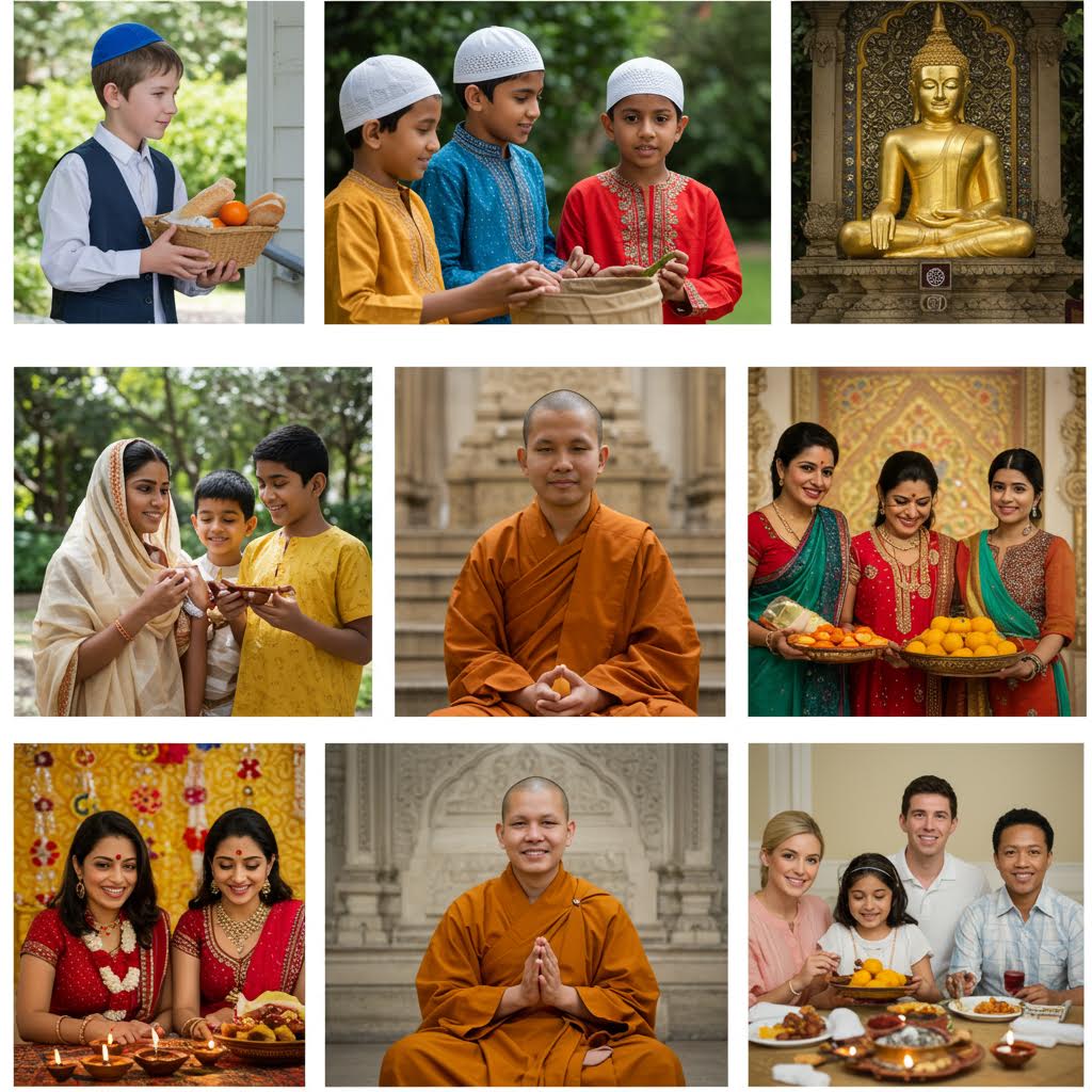 다양한 문화권의 사람들이 전통 의상과 음식을 나누며 감사와 축복의 의미를 함께하는 따뜻한 순간