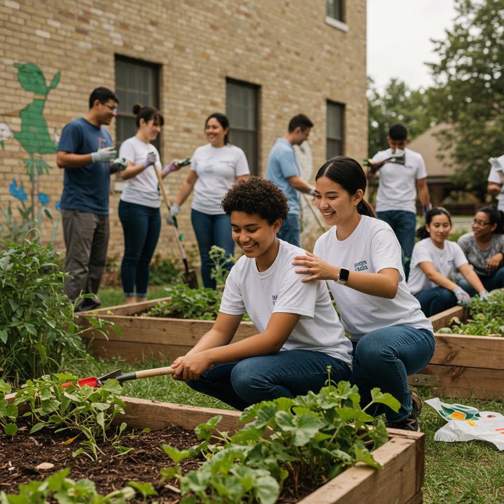 지역 사회 정원에서 함께 봉사활동을 하는 사람들, 온카스터디의 사회 공헌형 커뮤니티 참여 프로젝트를 상징한 장면