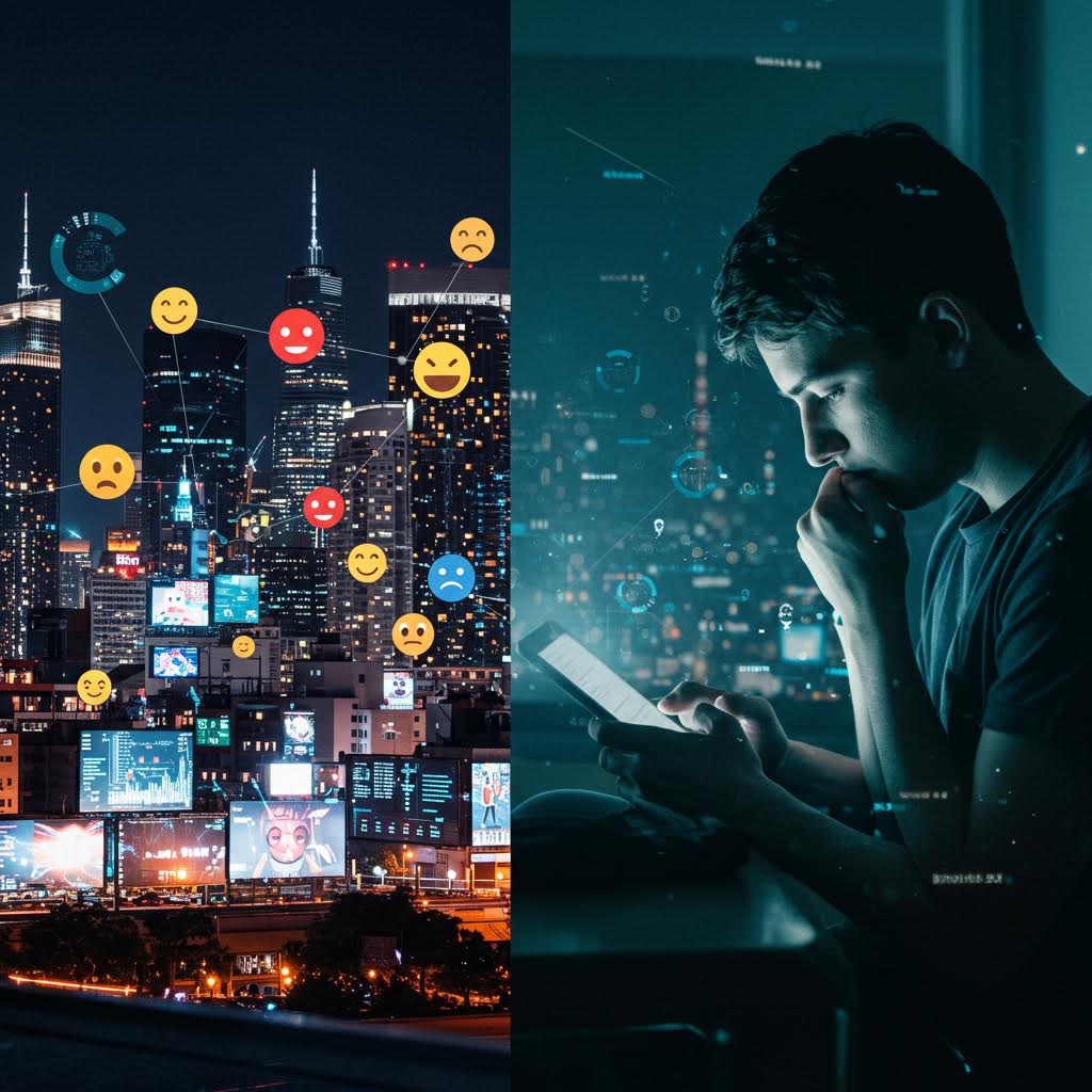 밤의 도시 스카이라인 위로 다양한 이모지(웃음, 화남, 슬픔 등)가 연결된 네트워크처럼 떠 있고, 오른쪽에는 어두운 방 안에서 스마트폰을 보며 고민하는 젊은 남성의 모습이 홀로그램 데이터와 함께 보이는 분할 이미지.