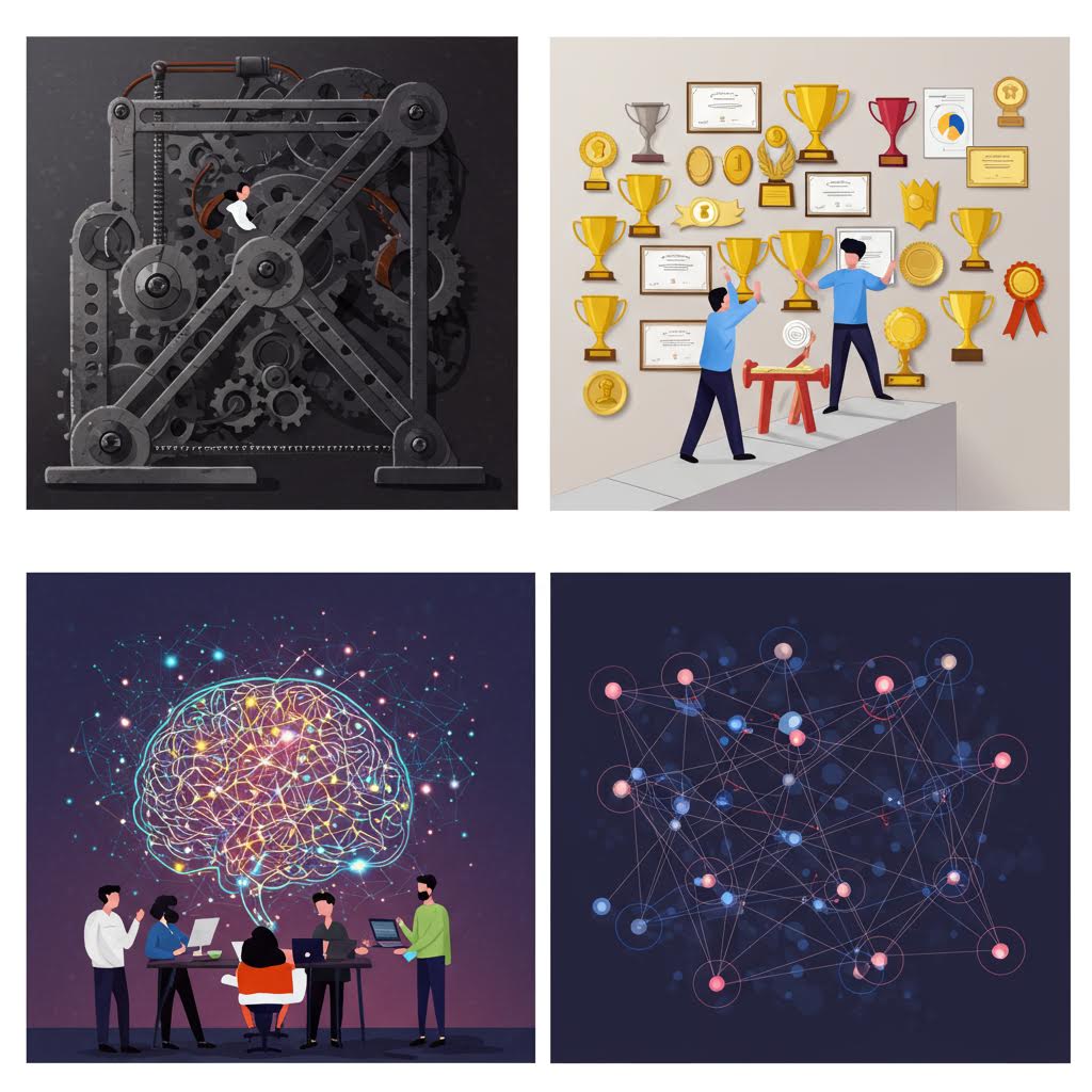 2x2 그리드 구성의 비즈니스 및 기술 컨셉 이미지 - 금고 메커니즘, 성과 달성, AI 브레인스토밍, 데이터 네트워크를 표현한 일러스트