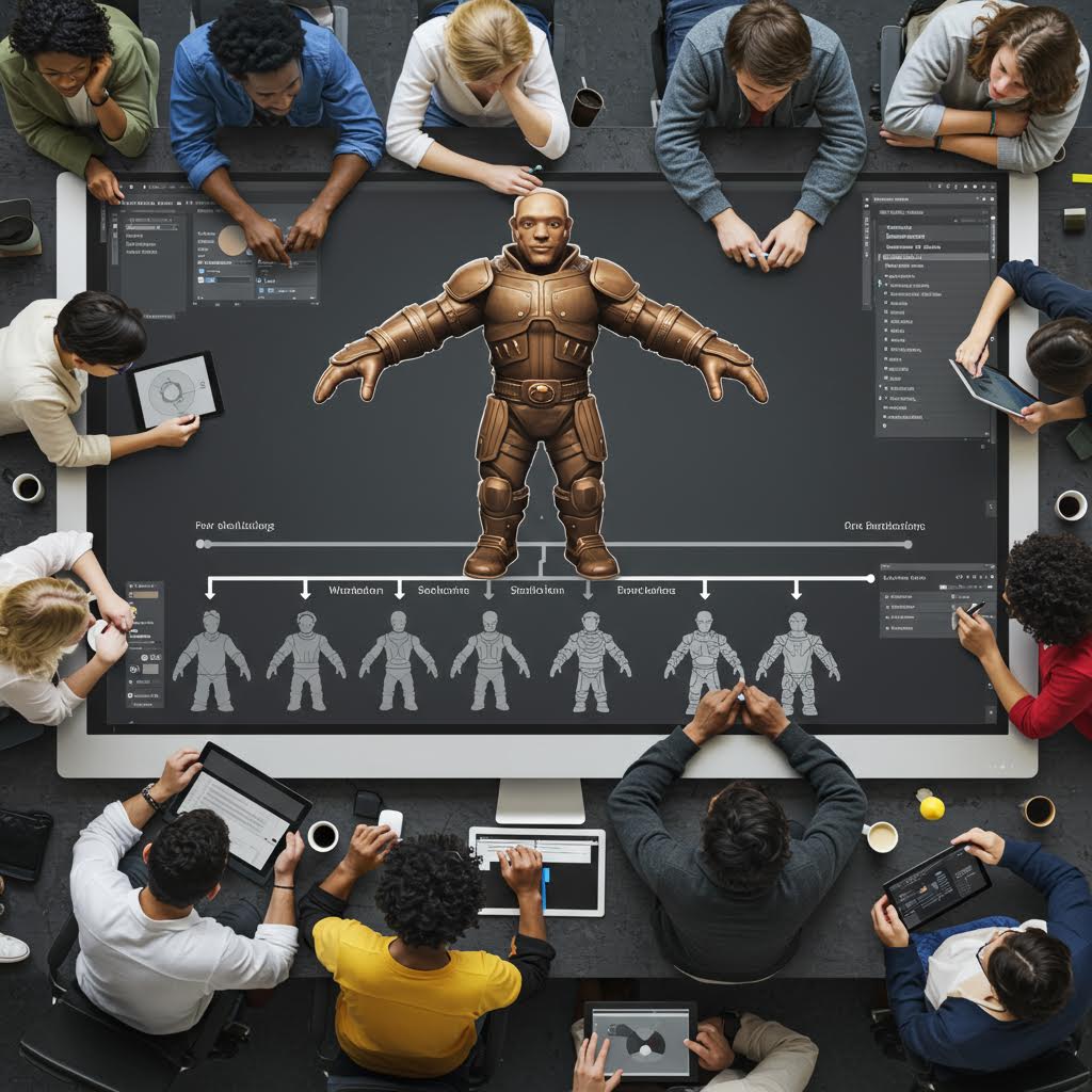 디지털 캐릭터 디자인 과정을 논의하는 팀 회의 장면, 온카스터디의 협업형 크리에이티브 제작 플랫폼을 활용한 개발 환경