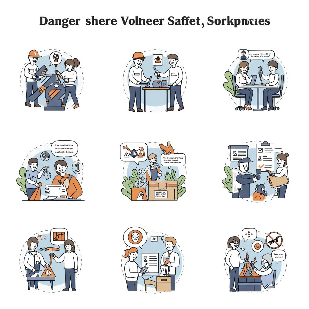 작업장 안전 수칙과 예방 활동을 설명하는 일러스트로, 온카스터디의 산업 안전 교육 콘텐츠와 실습 중심 학습 시스템을 보여준다.