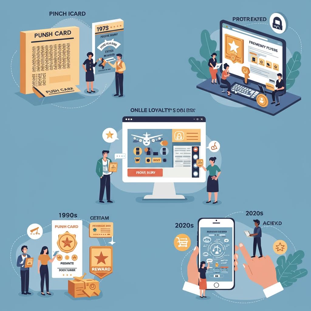 온카스터디의 로열티 프로그램 진화 과정을 보여주는 타임라인 일러스트. 1970년대 펀치 카드부터 2020년대 모바일 앱 기반 보상까지, 각 시대별 보상 시스템이 시각화되어 있습니다.