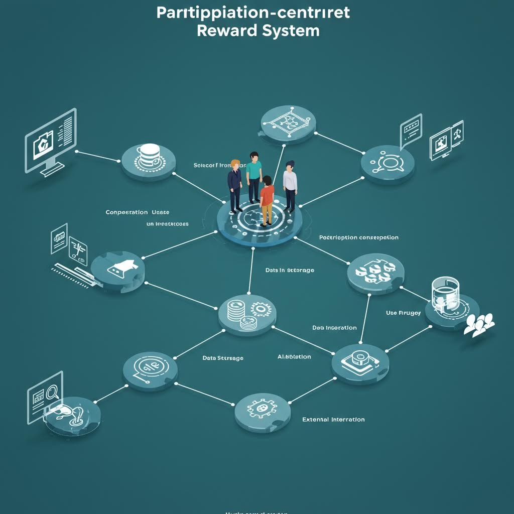 온카스터디의 참여 중심 보상 시스템(Participation-centred Reward System) 다이어그램. 중앙에 세 명의 사용자가 서 있고, 주변에 데이터 저장, AI 할당, 사용자 프라이버시, 사회적 입력 등 다양한 요소들이 원형으로 연결되어 있습니다.