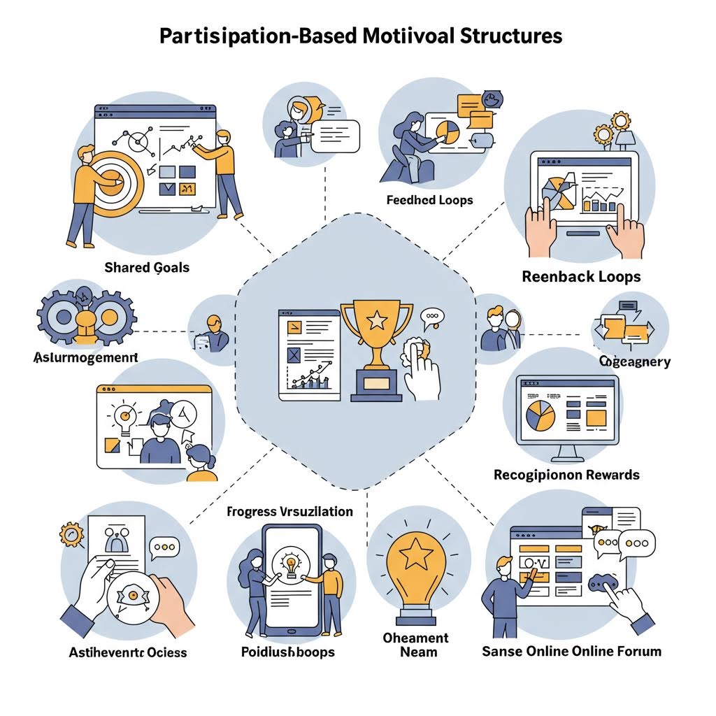 온카스터디 참여 기반 동기 구조(Participation-Based Motivational Structures)를 설명하는 다이어그램. 중앙에 트로피를 가리키는 손과 함께 Shared Goals, Feedback Loops, Recognition Rewards, Gamification 등의 요소가 육각형으로 배치되어 있습니다.