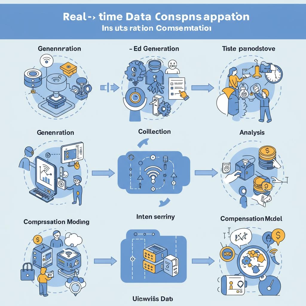 온카스터디의 실시간 데이터 보상 시스템 흐름도. 데이터 생성 → 수집 → 분석 → 압축 모델링 → 보상 모델 → 사용자 데이터로 이어지는 전 과정을 시각화한 다이어그램입니다.