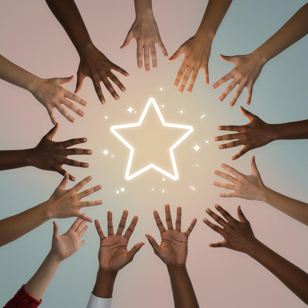 커뮤니티의 협력과 성과를 상징하는 사진. 다양한 인종의 손들이 원형으로 모여 중앙의 빛나는 별을 향해 손뻗고 있습니다.