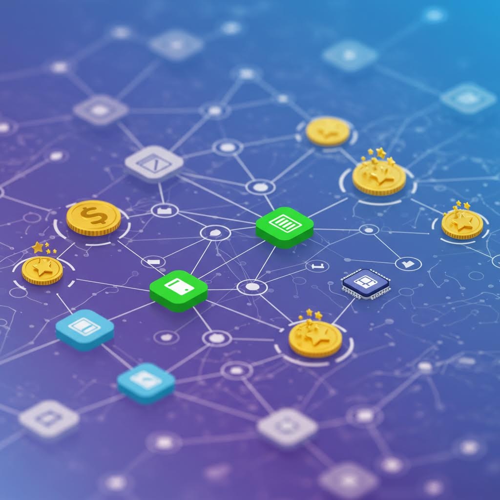 온카스터디의 블록체인 기반 보상 네트워크. 금화, 별점 코인, 문서, 칩 등 다양한 디지털 자산 아이콘들이 네트워크 노드로 연결되어 데이터 기여와 보상을 나타냅니다.