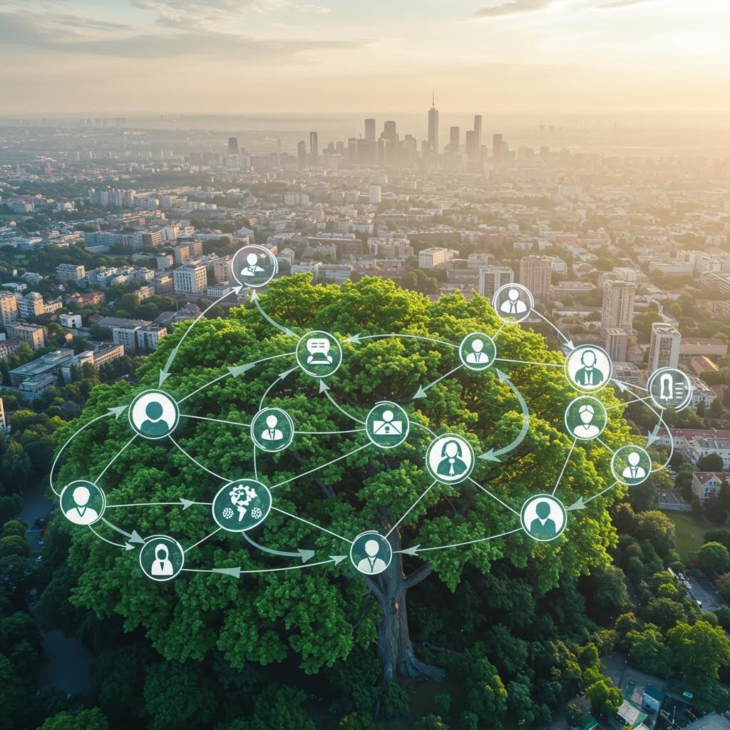 온카스터디의 커뮤니티 네트워크를 상징하는 항공뷰 이미지. 도시 위 거대한 나무에 사용자 아이콘들이 연결되어 있으며, 협력과 성장의 생태계를 나타냅니다.