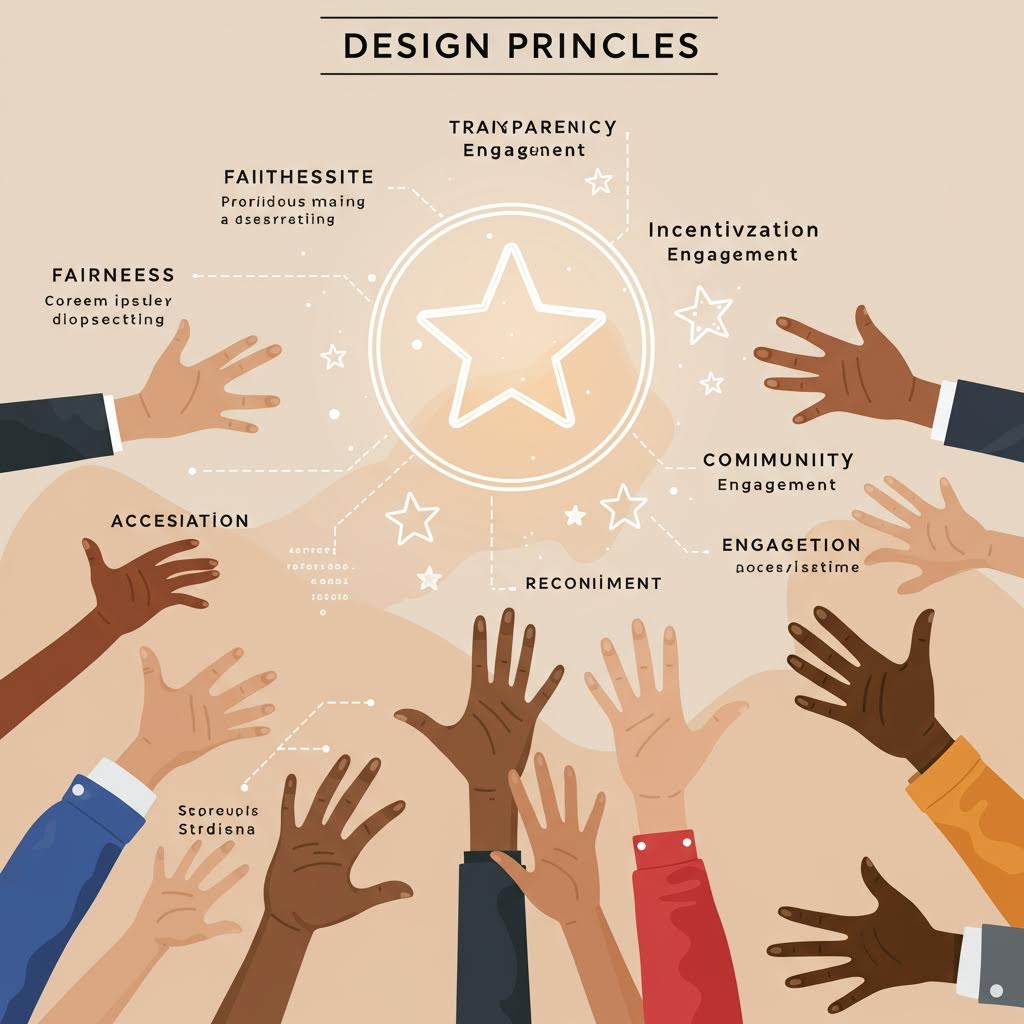 설계 원칙(DESIGN PRINCIPLES)을 표현한 그래픽. 중앙에 빛나는 별을 향해 다양한 손들이 올라가며, Fairness, Transparency, Community Engagement, Incentivization 등의 원칙이 라벨링되어 있습니다.