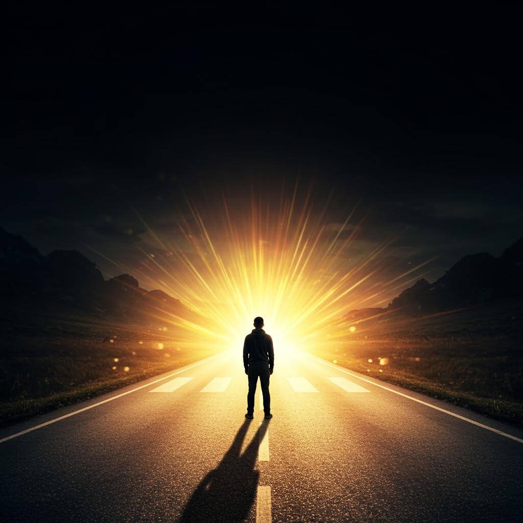 황금빛 일출을 향해 서 있는 남성 실루엣 새로운 시작과 희망의 여정을 상징하는 도로 풍경