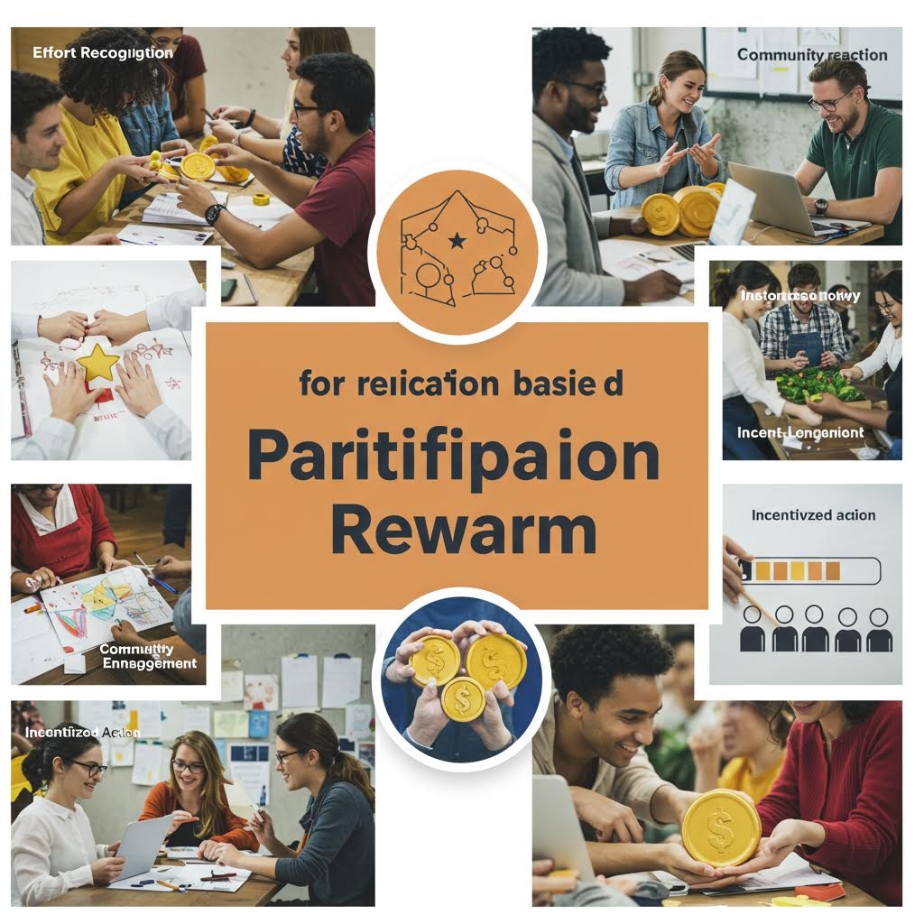 기반 보상 시스템(Participation Reward)을 설명하는 콜라주 이미지. 중앙에 'for reification basied Parititipaion Rewarm' 타이틀과 코인 아이콘, 주변에 노력 인정, 커뮤니티 반응, 인센티브 행동 등 다양한 참여 활동 사진이 배치되어 있습니다.