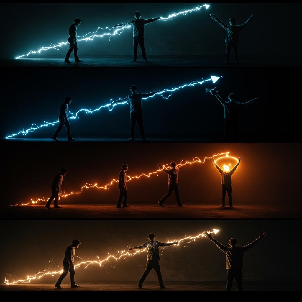 네온 불빛 효과로 에너지를 주고받는 사람들 실루엣 협력과 연결의 창의적인 시각화 콜라주