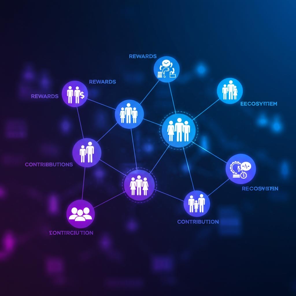 기여와 보상 생태계를 나타내는 네트워크 그래픽. 중앙에 사용자 그룹을 중심으로 REWARDS, ECOSYSTEM, RECOGNITION, CONTRIBUTION 등의 노드가 방사형으로 연결되어 있습니다.