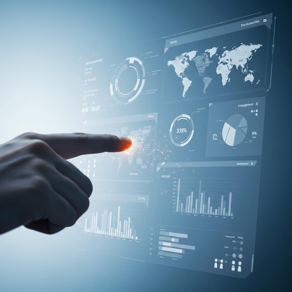 온카스터디의 실시간 데이터 대시보드. 손가락이 홀로그램 인터페이스를 터치하며 세계 지도, 참여율 37%, 그래프, 사용자 분석 등 다양한 지표를 확인하고 있습니다.