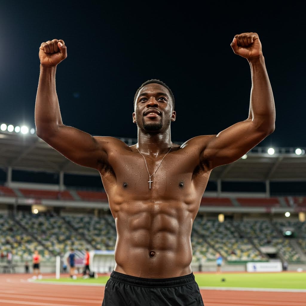 육상 경기장에서 승리를 자축하는 근육질 흑인 남성 선수 두 팔을 들어올린 승리의 포즈