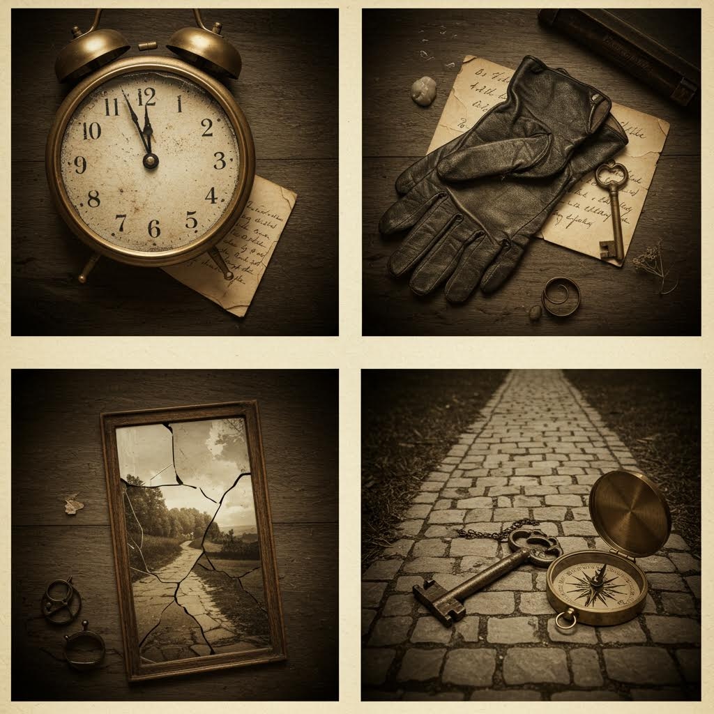 빈티지 시계와 나침반 오래된 편지와 열쇠가 있는 향수를 불러일으키는 콜라주 시간과 추억의 개념