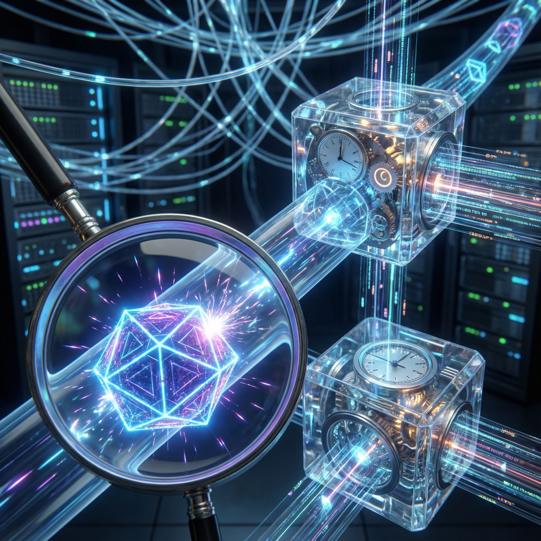 빛나는 파란색 데이터 꾸러미가 광섬유 선을 따라 이동하며, 확대경으로 관찰되고 있습니다. 옆의 투명