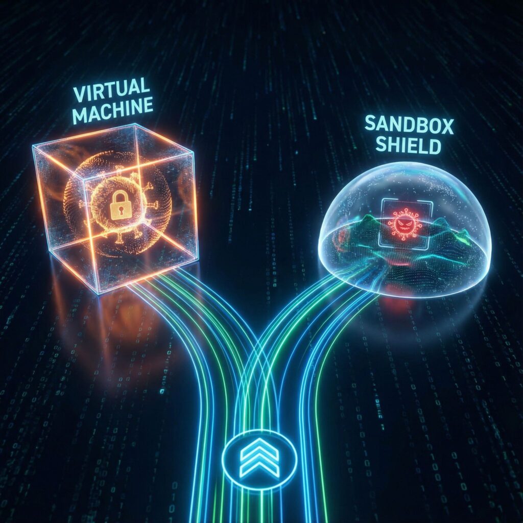디지털 길이 두 갈래로 나뉘어 하나는 빛나는 가상 머신 큐브로, 다른 하나는 투명한 샌드박스 방패로