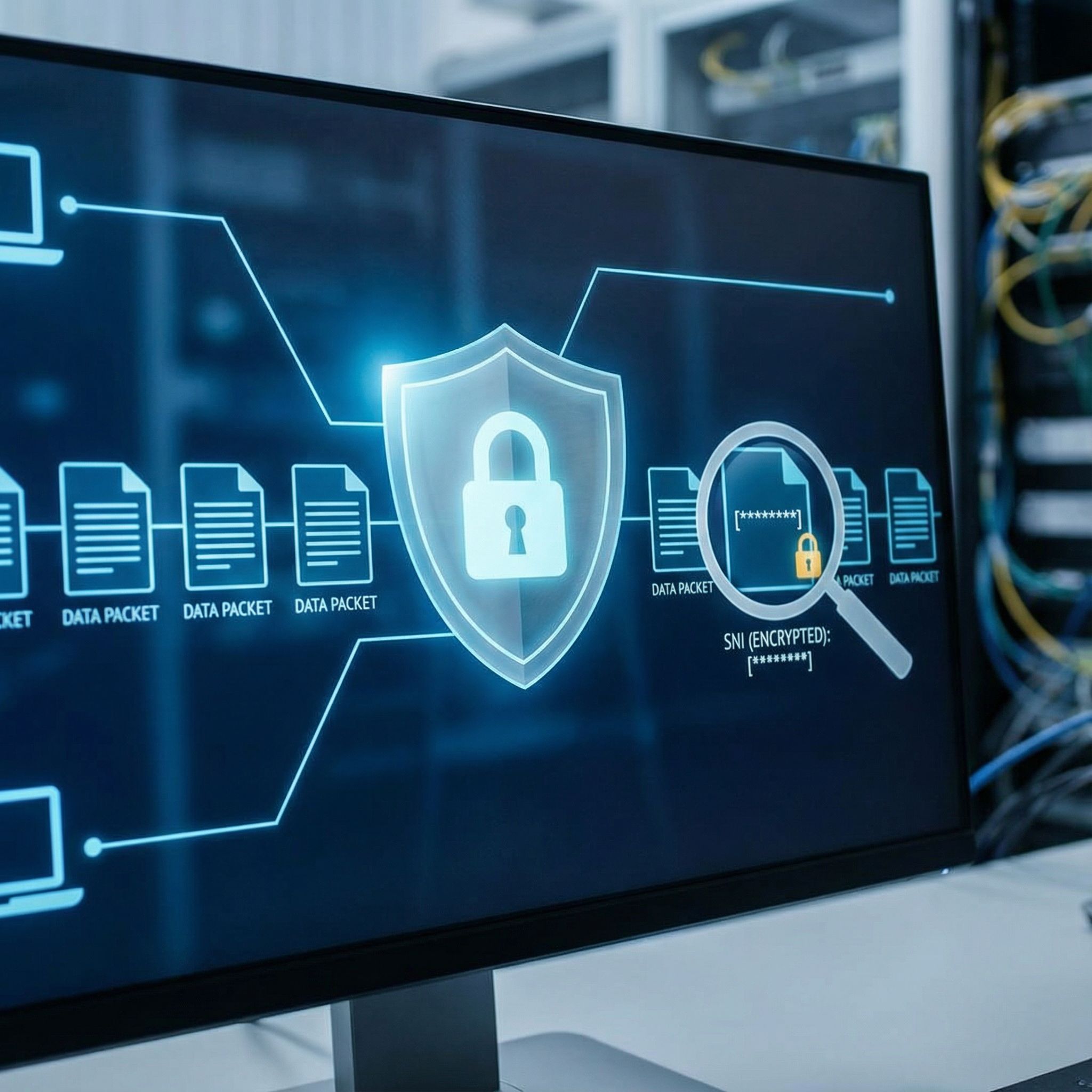 서버실 배경의 화면에 데이터 패킷 흐름과 자물쇠 방패 아이콘이 중심을 이루는 보안 구조의 장면