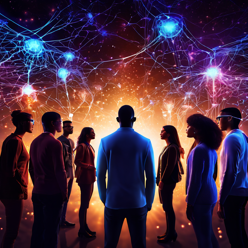 다양한 인종의 사람들이 서로의 동작을 따라하며, 그들 사이를 형광빛 신경 연결망이 퍼져나가는 모습이다.