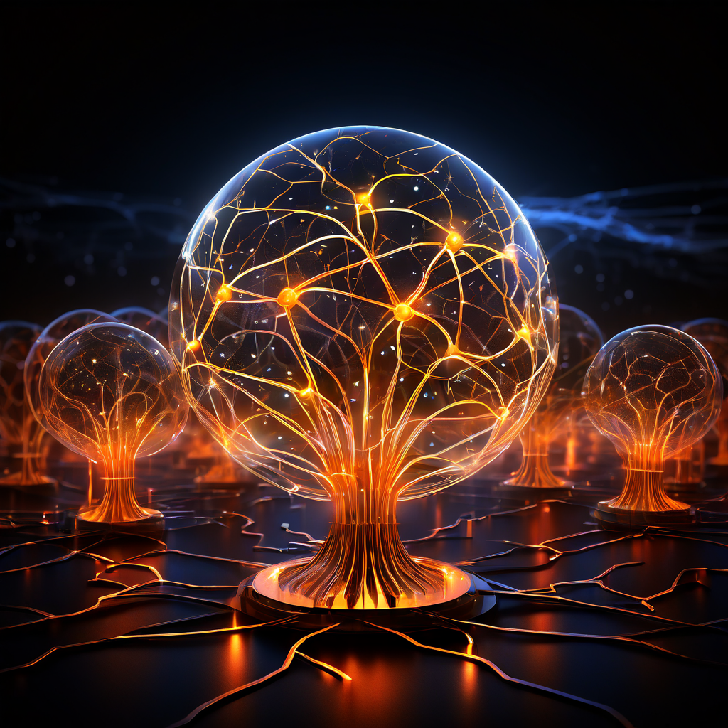 투명한 뇌 또는 지구 모양 안에 퍼지는 빛나는 노드와 연결망이 복잡하게 얽힌 모습이다.