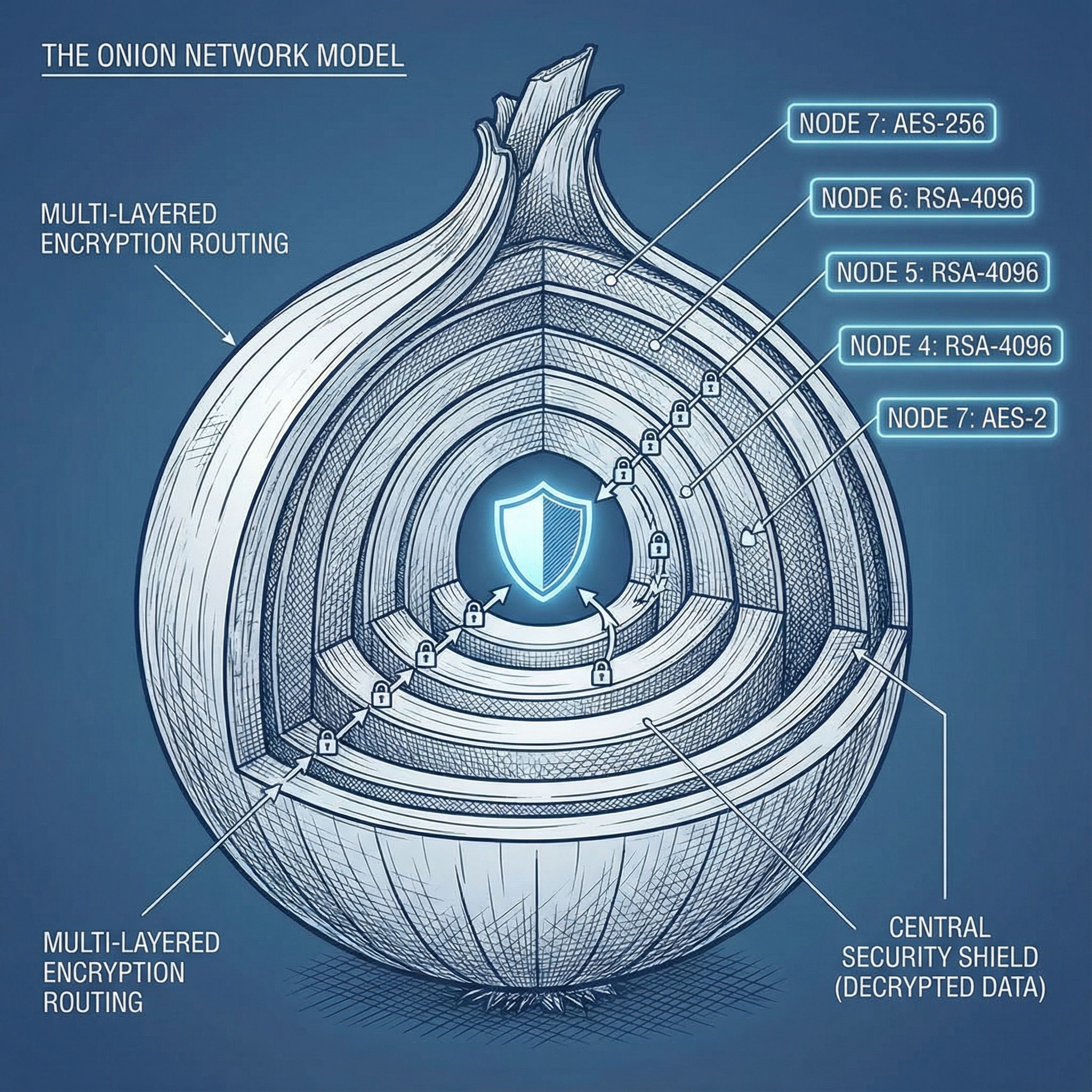 겹겹이 벗겨진 양파 단면 속으로 자물쇠 경로가 이어지며 중심 보호막에 닿는 구조 설명의 장면