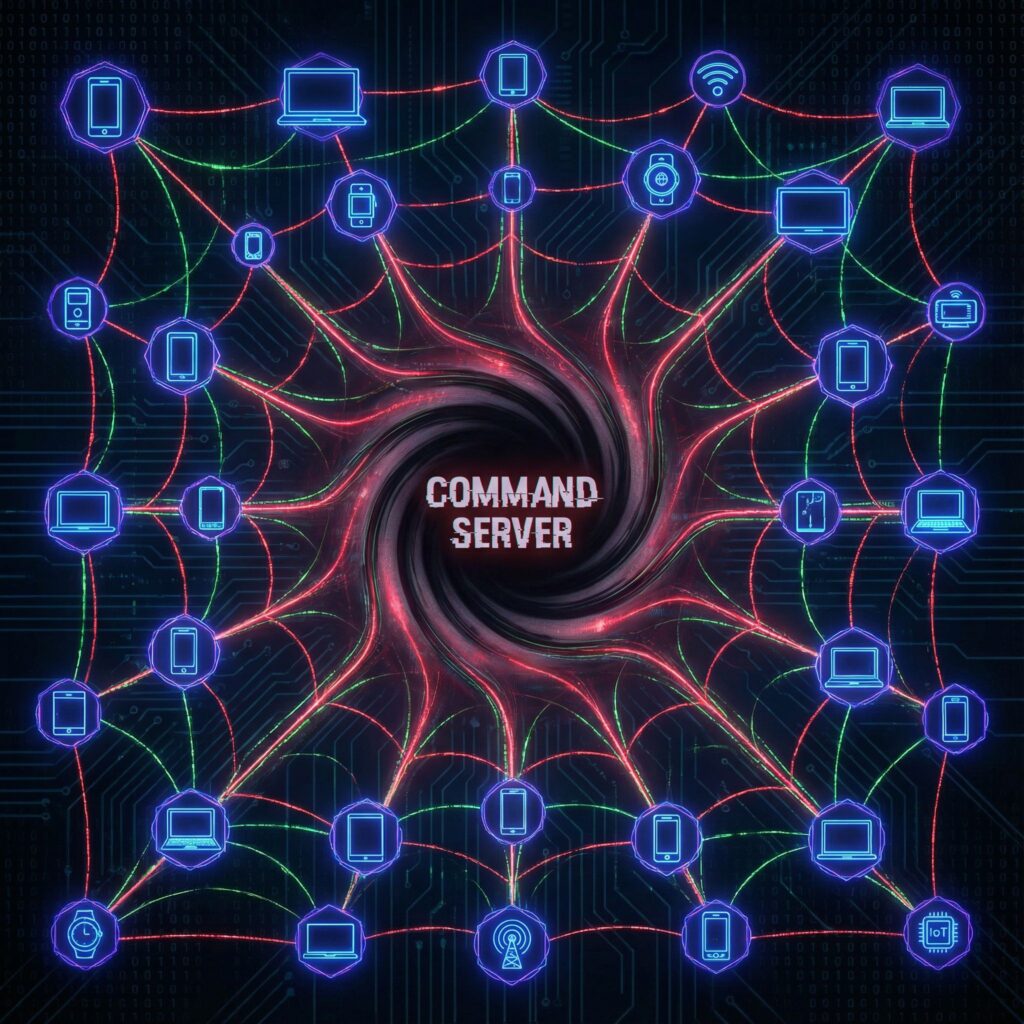 검은 배경에 푸른빛 노드들이 거미줄처럼 연결되고 악성 데이터가 중앙의 어두운 서버로 흘러가는 모습이다.