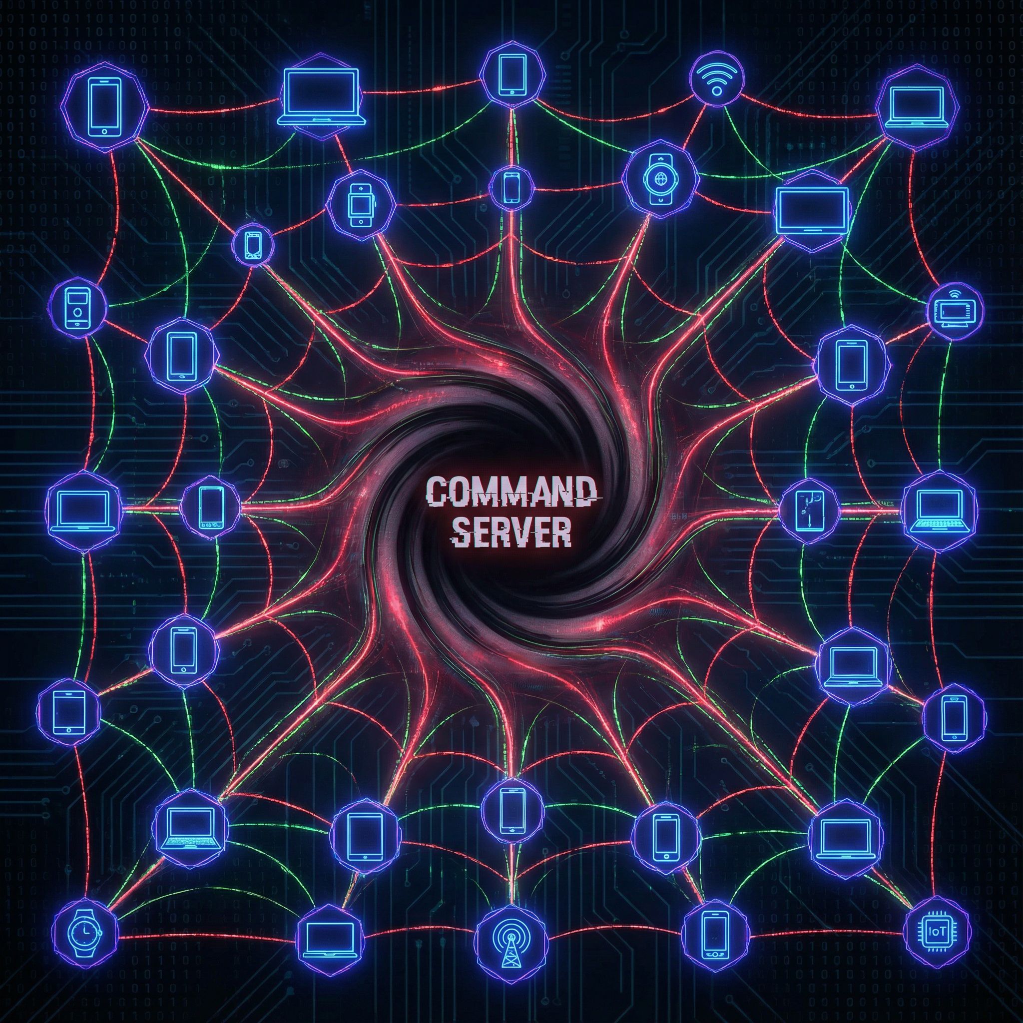 검은 배경에 푸른빛 노드들이 거미줄처럼 연결되고 악성 데이터가 중앙의 어두운 서버로 흘러가는 모습이다.