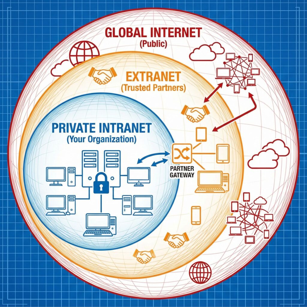 작은 내부망, 중간 크기의 협력망, 그리고 그것들을 둘러싼 거대한 글로벌 인터넷이 세 개의 동심원으로