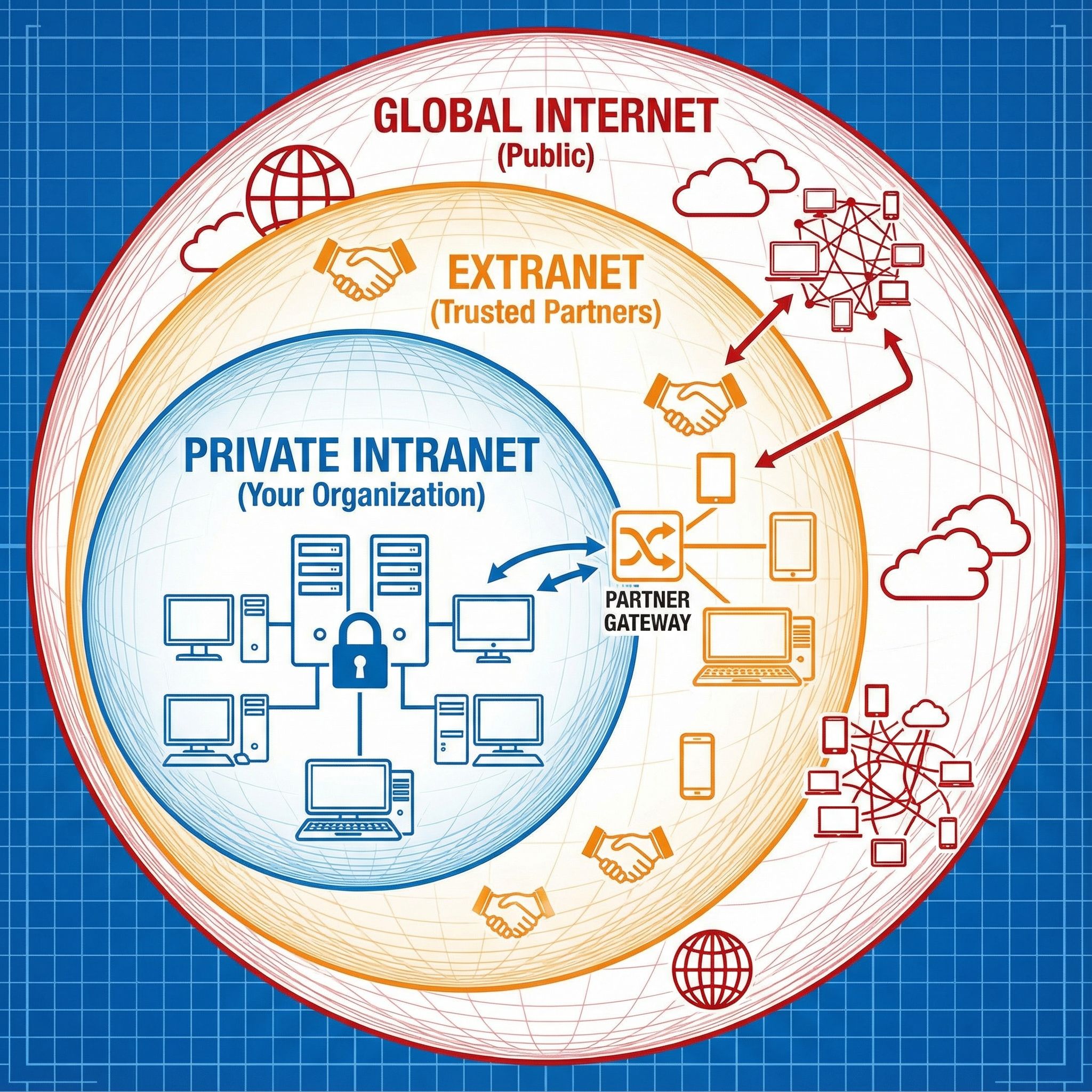 내부 조직망을 중심으로 신뢰 구간과 공개 영역이 겹겹이 둘러싼 구조를 원형 도식으로 나타낸 장면