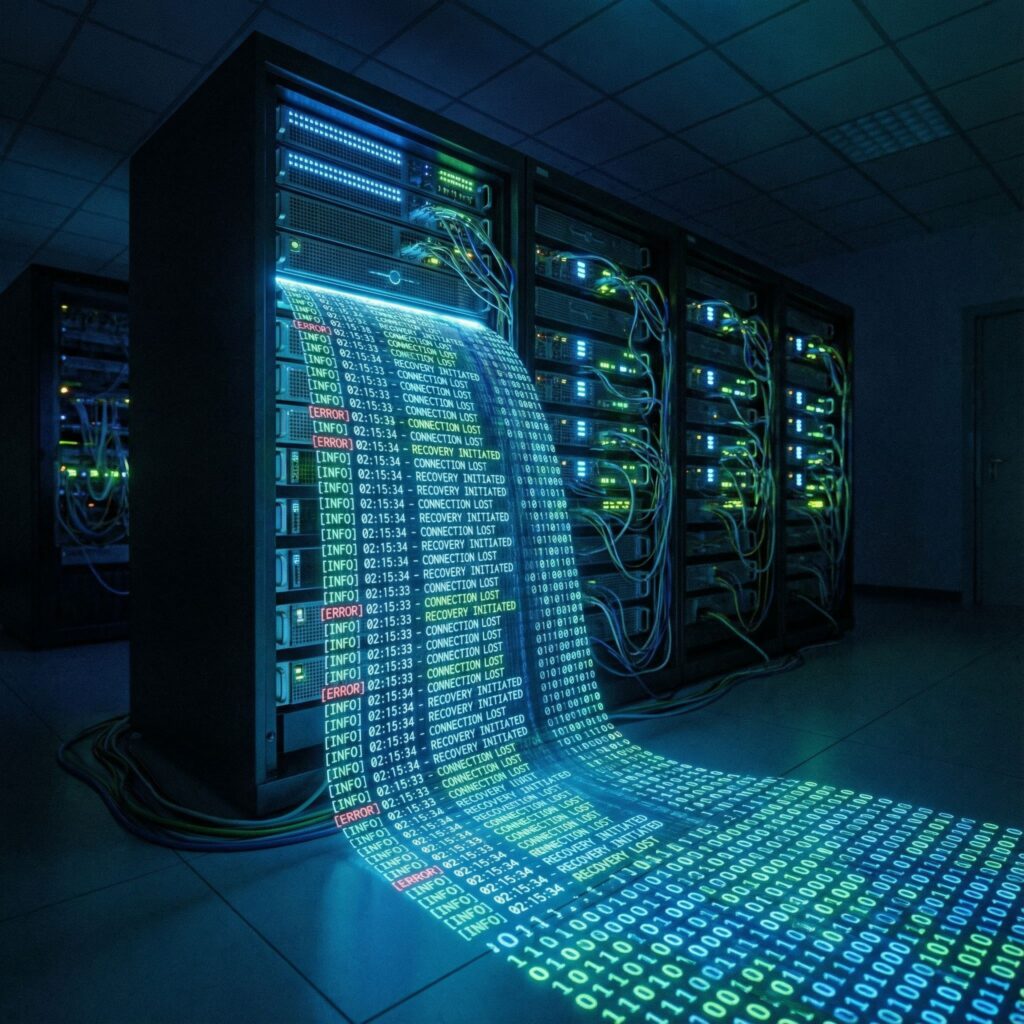 빛나는 서버 랙에서 흘러내리는 파란색 데이터 폭포가 기록과 모니터링을 상징하는 모습이다.