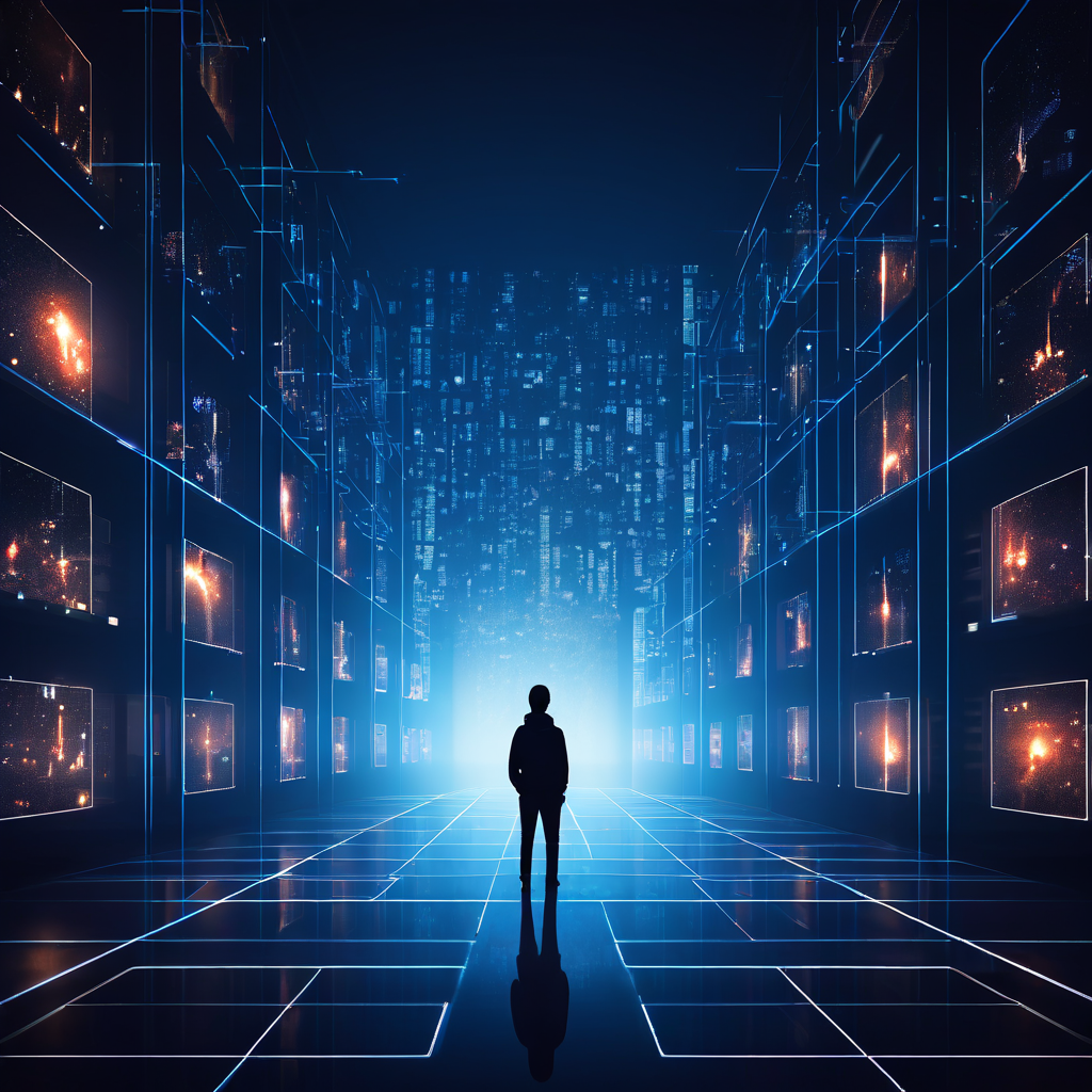 넓고 텅 빈 흰색 방에 홀로 앉아 여러 기기의 화면 빛에만 의지하는 모습이다.