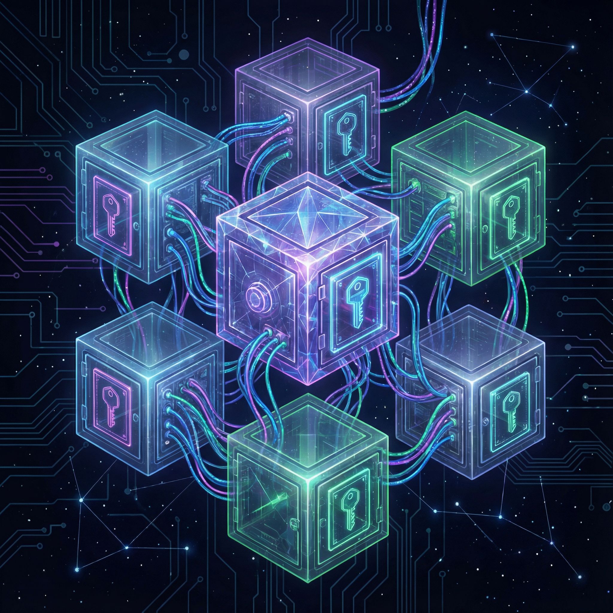 푸른 빛의 선으로 연결된 격리된 방들이 각기 다른 열쇠로만 열리는 디지털 요새의 내부 구조를 보여줍니다.