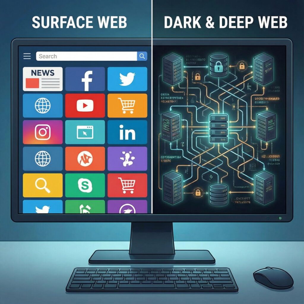 분할된 화면 왼쪽에는 밝고 질서정연한 서피스 웹이, 오른쪽에는 어둡고 복잡한 다크 웹과 딥 웹의