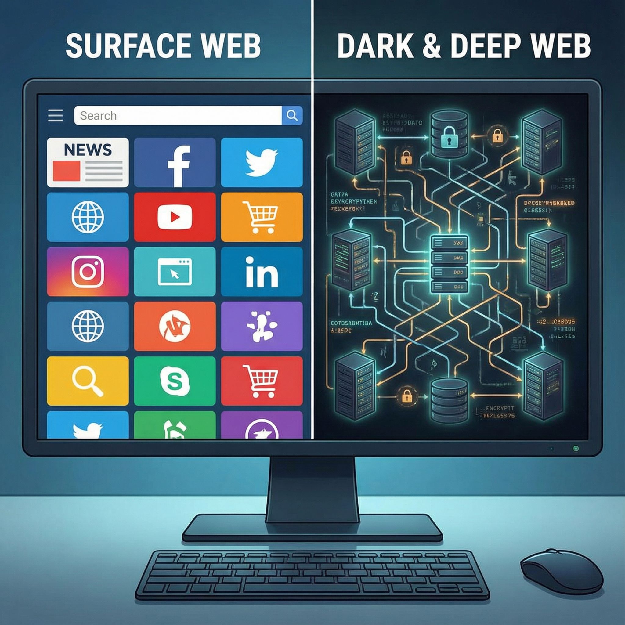 분할된 화면 왼쪽에는 밝고 질서정연한 서피스 웹이, 오른쪽에는 어둡고 복잡한 다크 웹과 딥 웹의