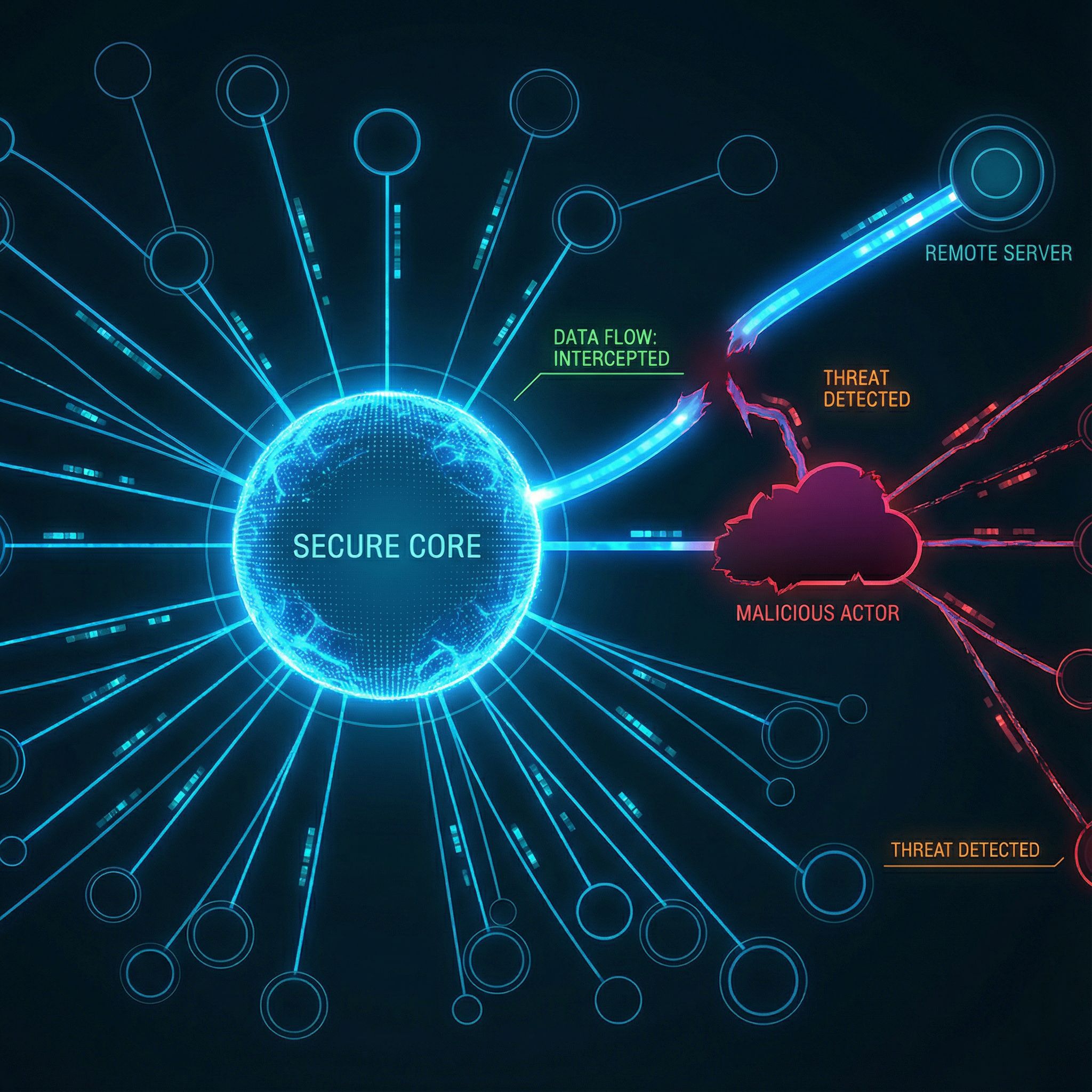 중앙의 빛나는 녹색 노드와 다른 노드 사이를 어둠의 노드가 가로막으며 데이터 흐름을 해치는 모습이다.
