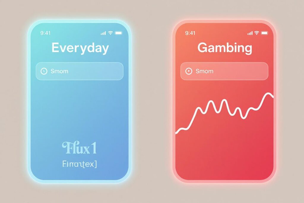 일상 지출과 도박 지출 패턴을 대비해 보여주는 두 개의 스마트폰 화면 UI