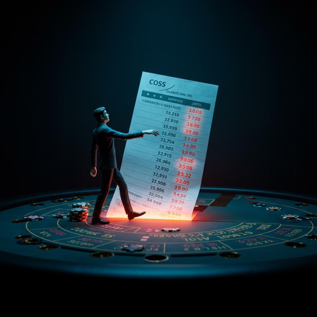 룰렛 테이블 위에 손실 수치가 적힌 거대한 종이를 바라보는 인물의 일러스트