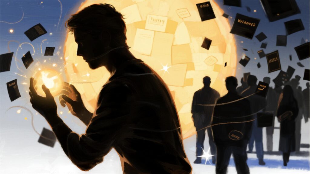 강렬한 빛을 향해 정보를 쥐려는 인물과 주변에 흩날리는 문서들이 대비된 일러스트