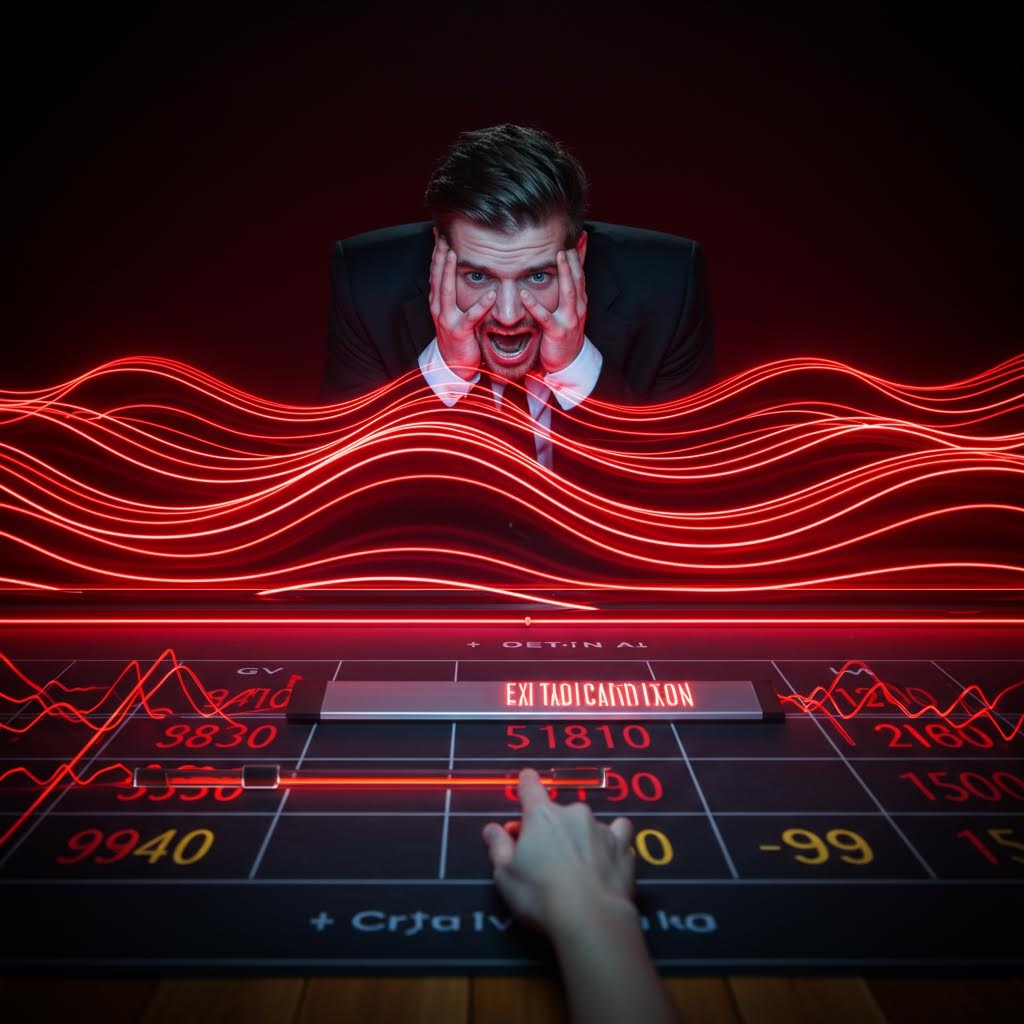 베팅 손실 그래프 앞에서 머리를 감싸 쥔 남성과 붉은 파동이 뒤섞인 긴장감 있는 장면