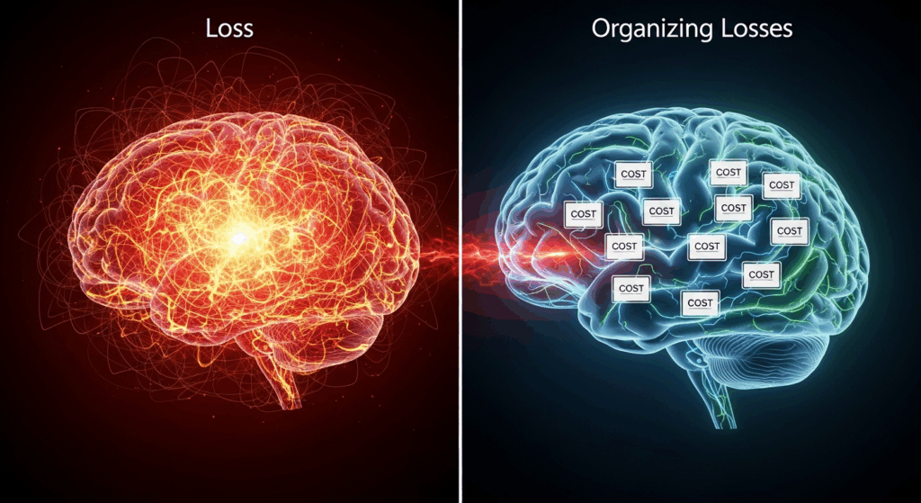 혼란스러운 뇌 신호와 정리된 손실 데이터가 대비되는 두 개의 뇌 영상.