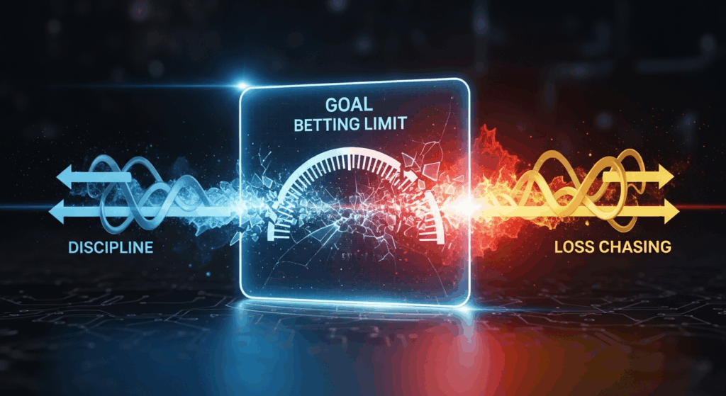 목표 베팅 한도를 중심으로 규율과 손실 추격 심리가 대비된 디지털 분석 그래픽