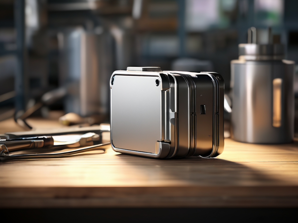 Portable storage drive and stacked blank data blocks on brushed metal surface, with small capacity gauge prop, morning daylight...