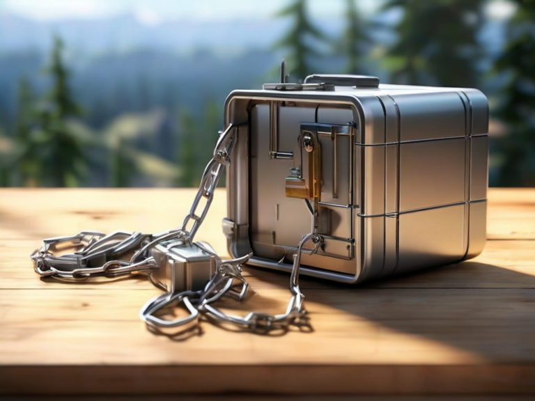 A sealed metal case on a brushed surface, with a short chain and small blank blocks representing linked file locations in morning...