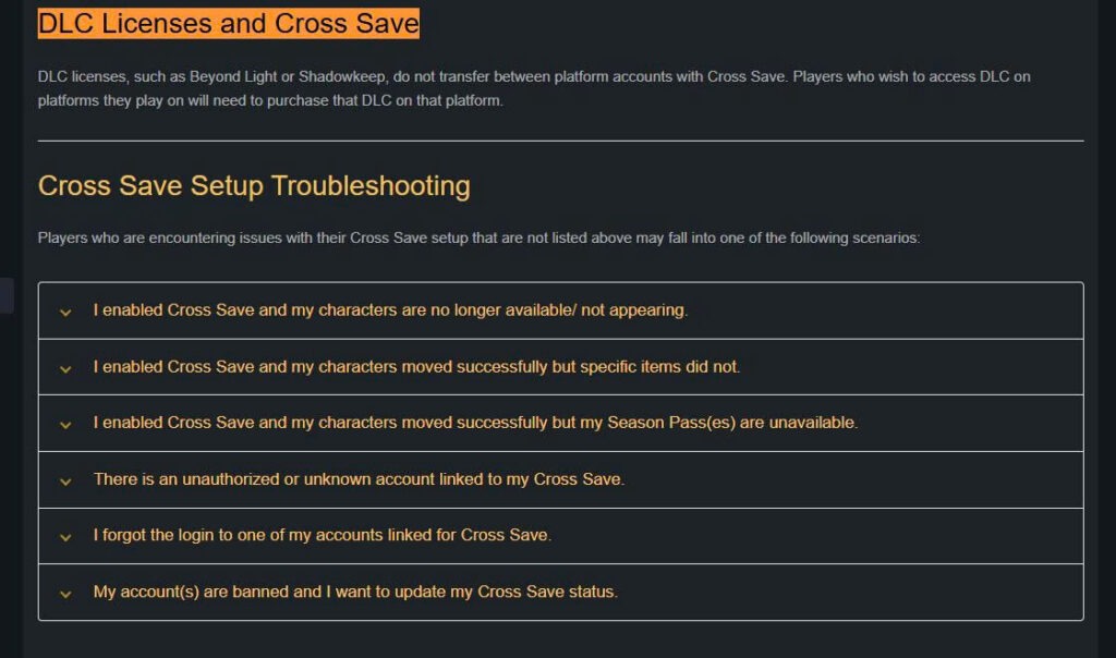 Bungie Cross Save guide explaining that Destiny 2 DLC licences do not transfer between platforms